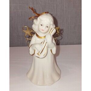 VTG Porcelain Angel Bell Christmas Ornament 4" Gold Accent Lute Mandolin Holiday